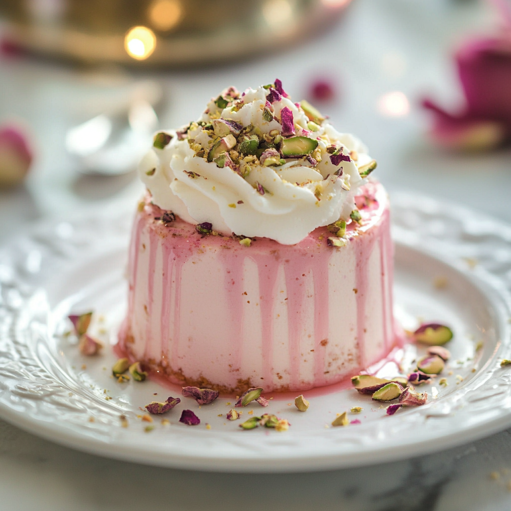 Rose Milk Cake Recipe topped with whipped cream, pistachios, and rose petals on a white plate.
