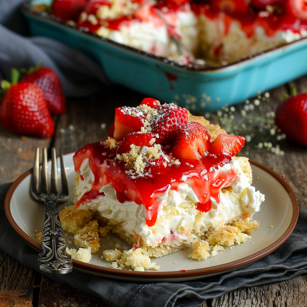 Strawberry Cheesecake Dump Cake fresh from the oven