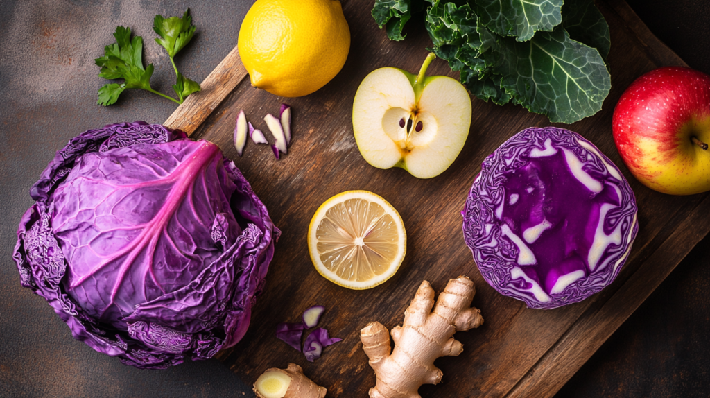 Fresh ingredients for making purple cabbage juice, including cabbage, apple, lemon, and ginger
