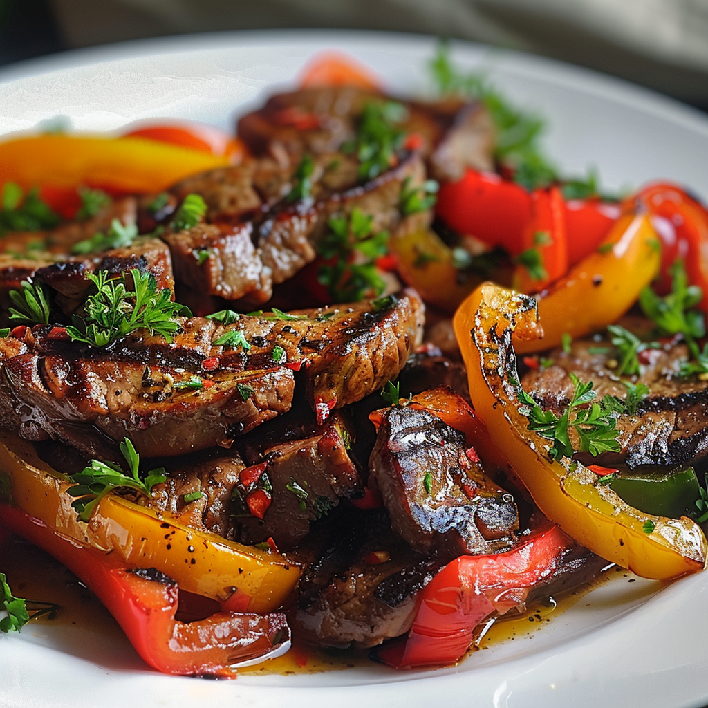 Peppered Steak Jamaican Style served with colorful bell peppers