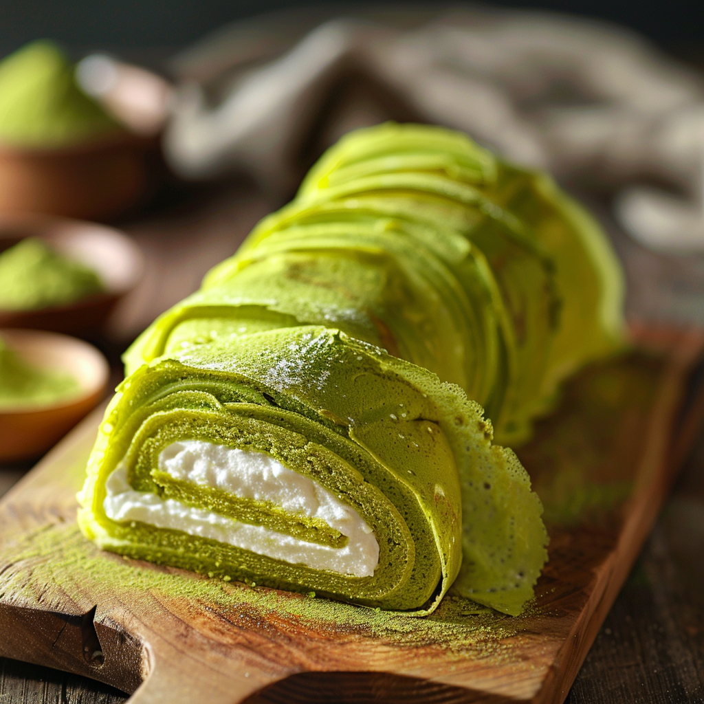 Matcha Crepe Roll Cake Recipe featured image showing sliced roll cake