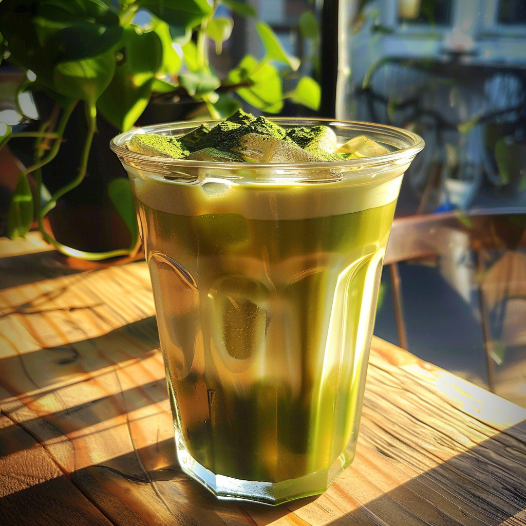 Iced Matcha Latte in clear glass with ice