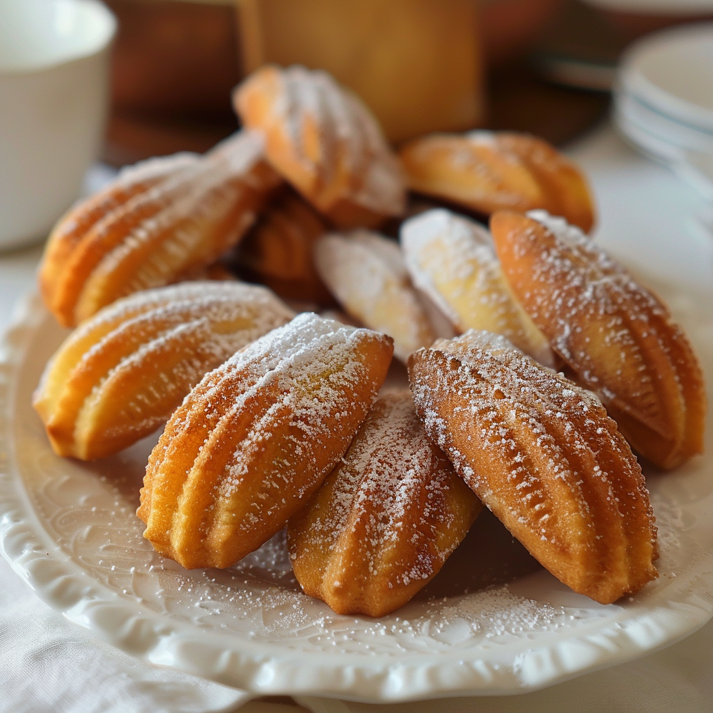 Madeline Cookies Recipe featuring freshly baked golden French madeleines on a white plate