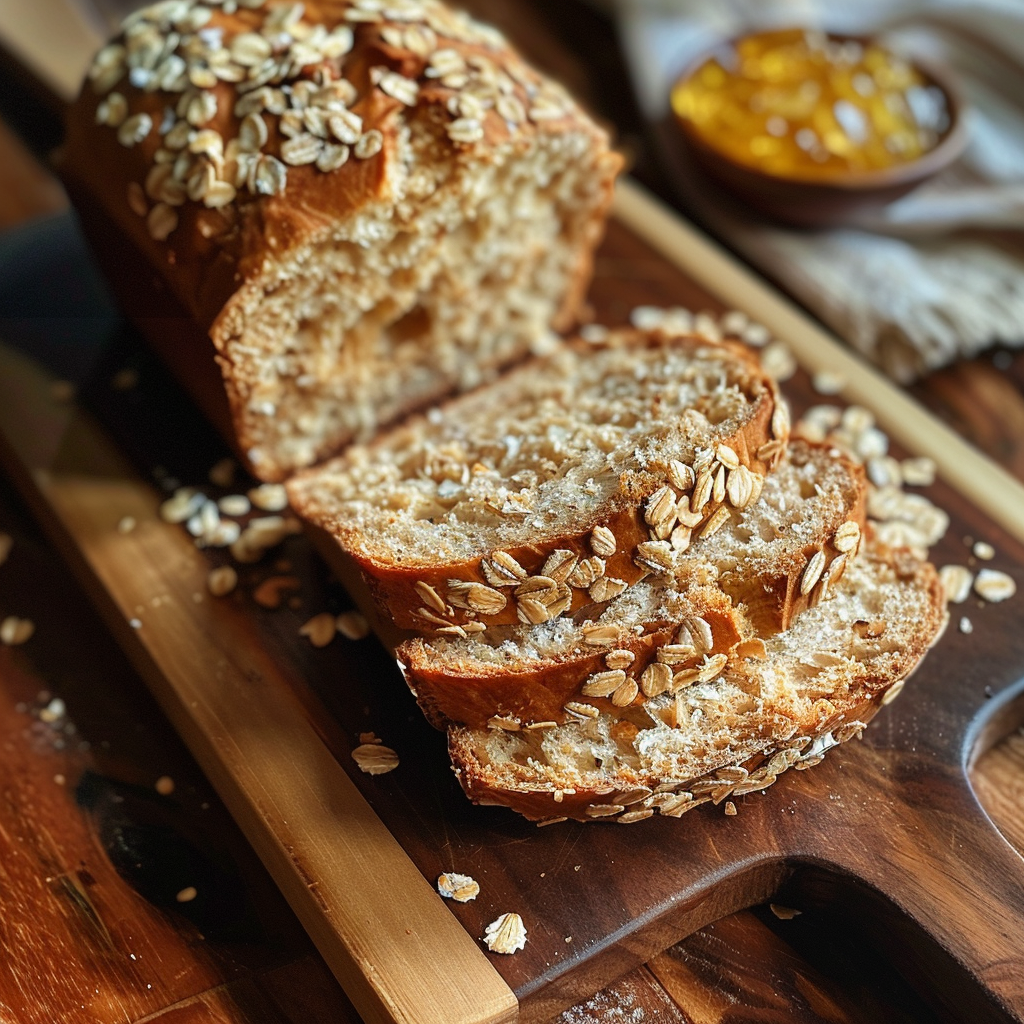 Freshly baked free honey oat bread loaf sliced on a wooden cutting board