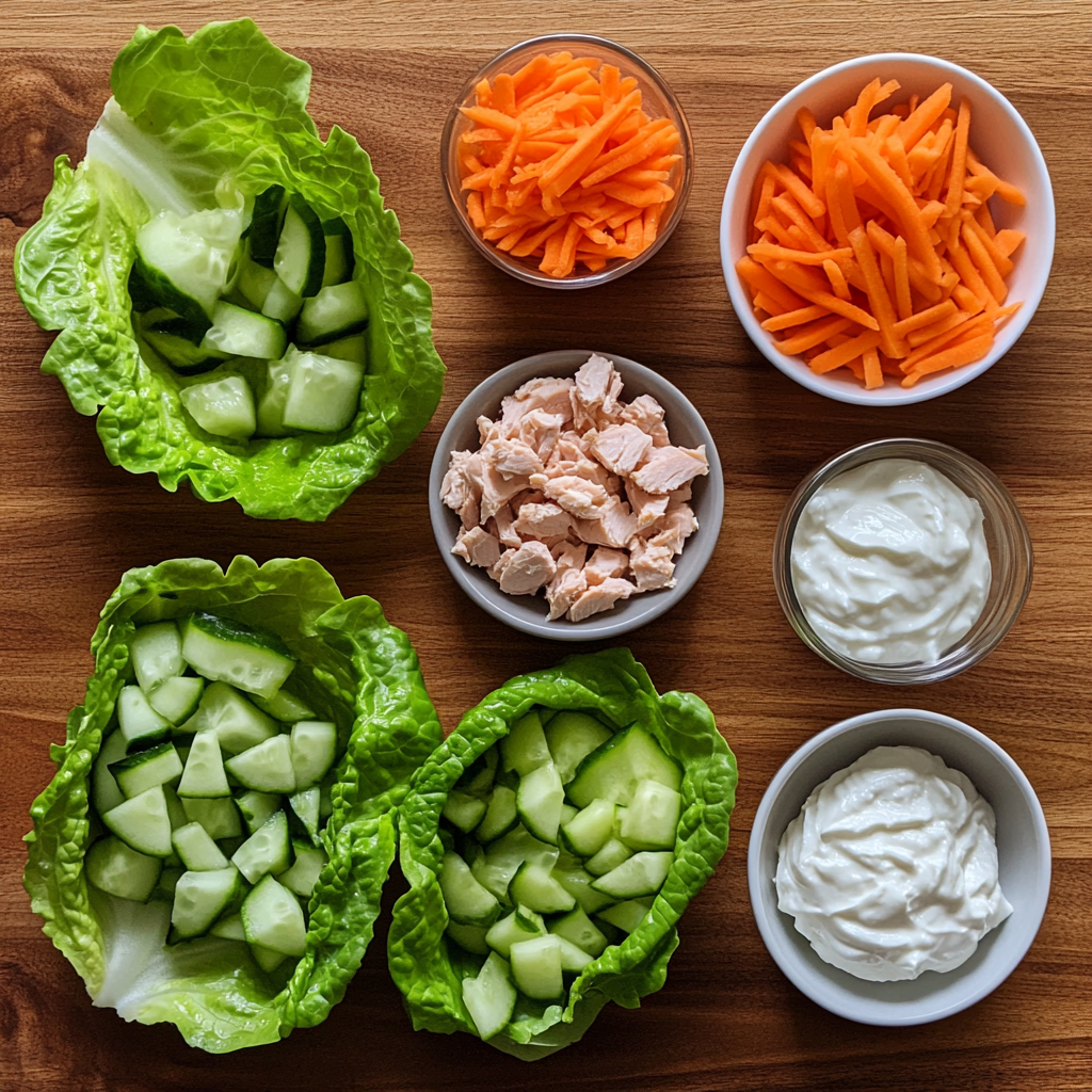 Fresh ingredients for tuna lettuce wraps including lettuce leaves, canned tuna, diced cucumber, and shredded carrots.