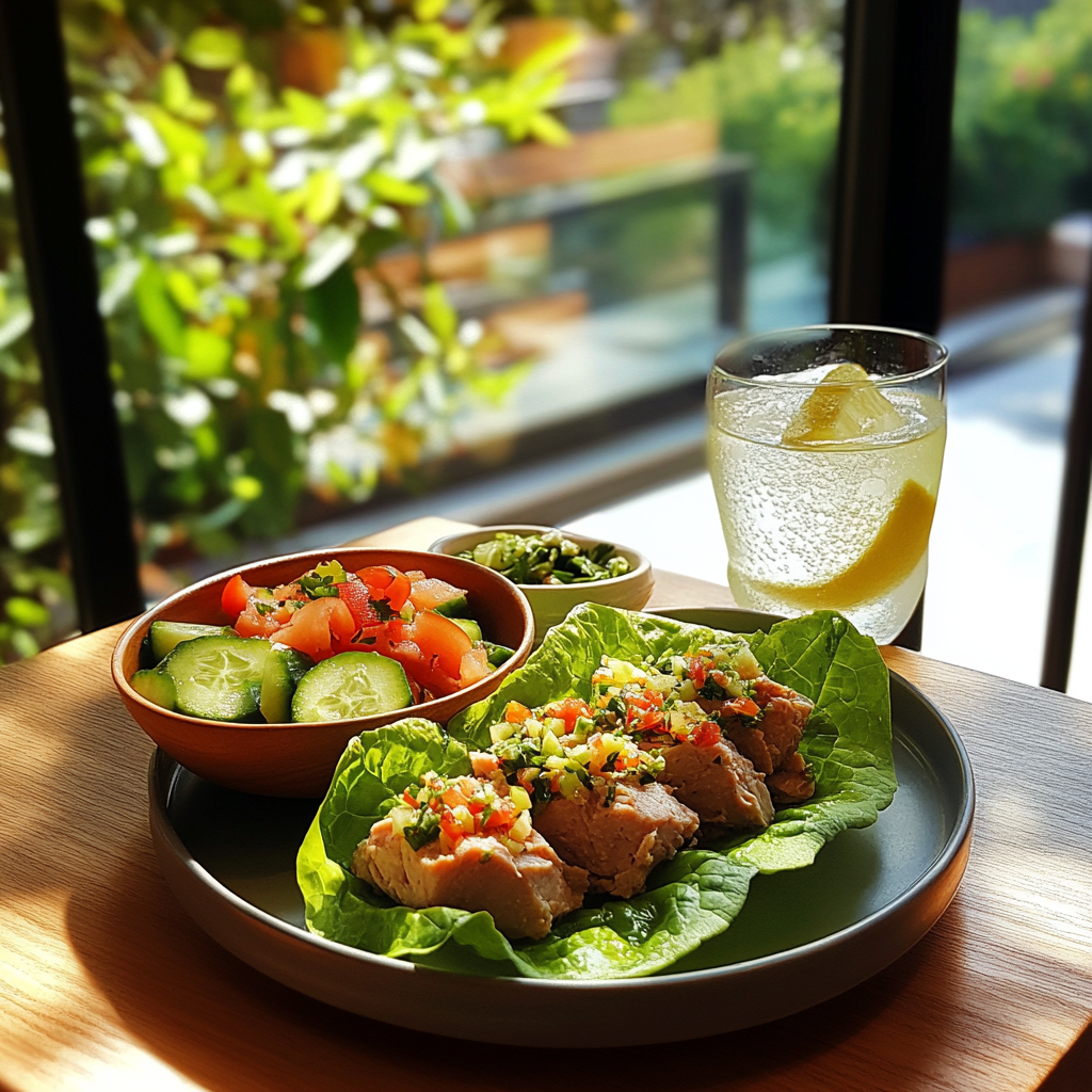 Tuna lettuce wraps served with cucumber salad and lemon water
