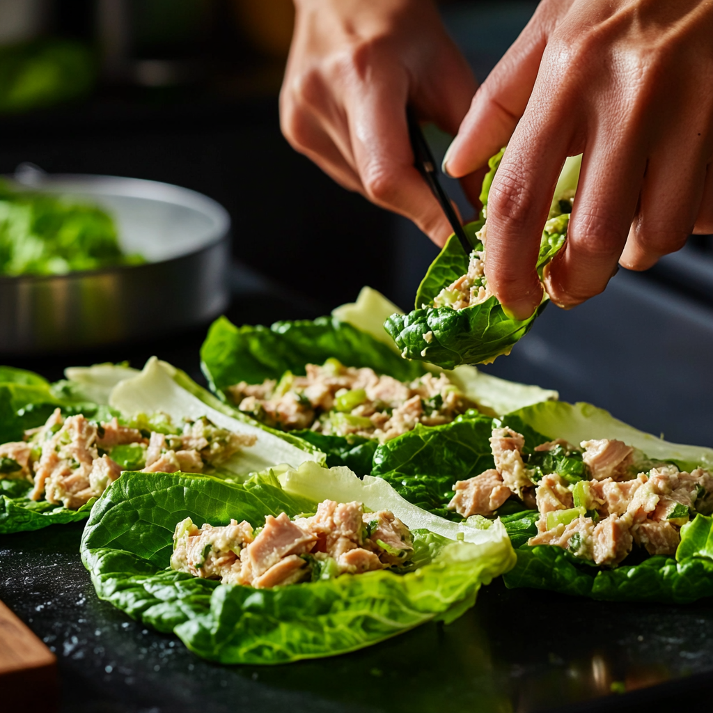  Assembling tuna lettuce wraps with fresh ingredients on a kitchen counter