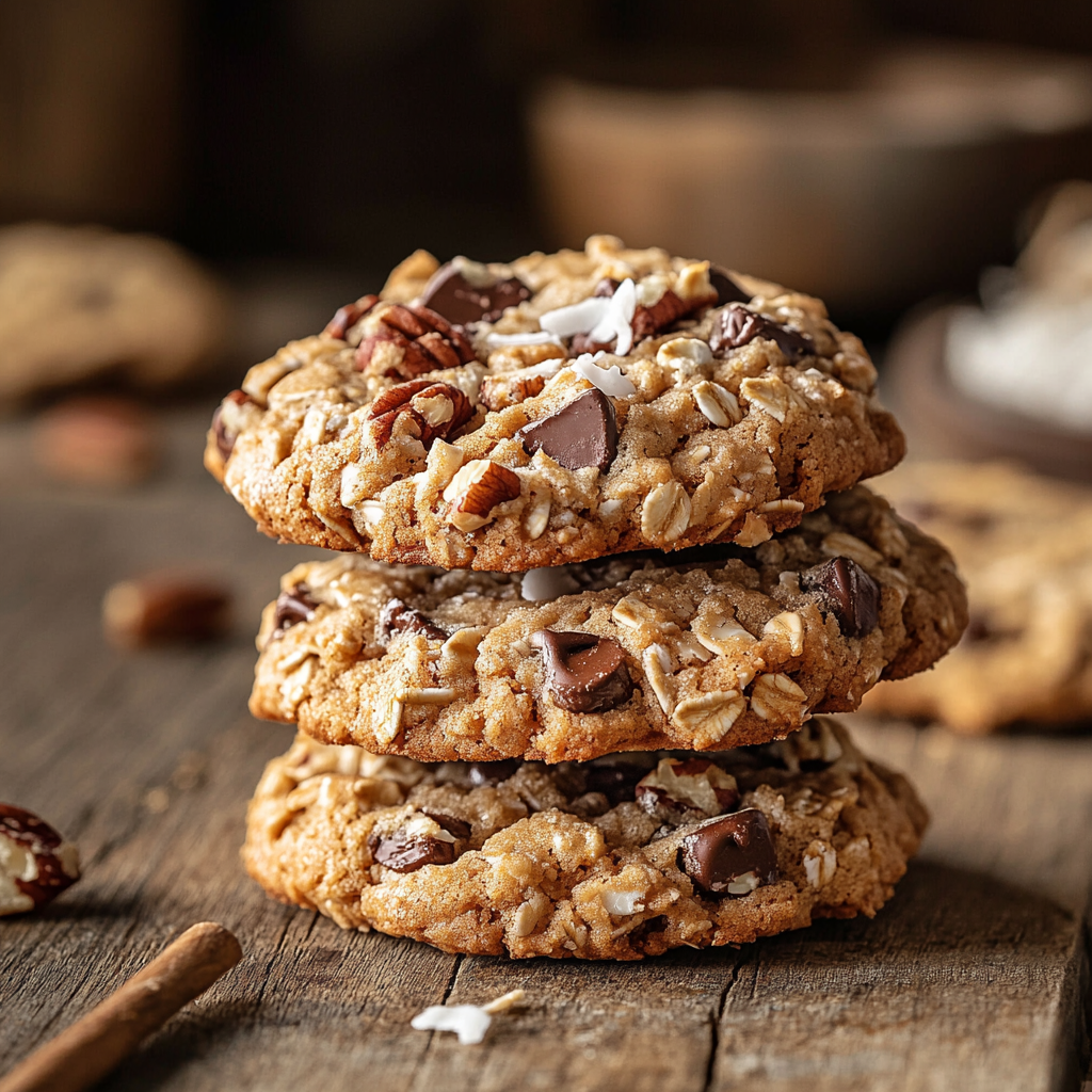 Flat lay of Cowboy Cookies ingredients, including oats, chocolate chips, pecans, coconut, brown sugar, flour, eggs, butter, and cinnamon.
