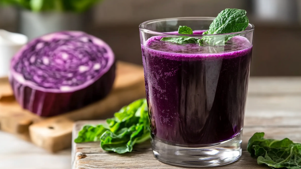 Fresh purple cabbage juice in a glass, rich in antioxidants and nutrients