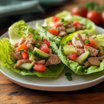 Tuna lettuce wraps on a white plate with fresh vegetables, a healthy low-carb meal option.