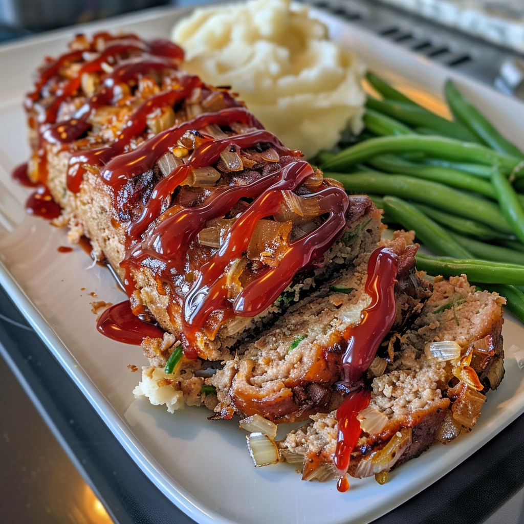 Lipton Onion Soup Meatloaf with ketchup glaze and sides