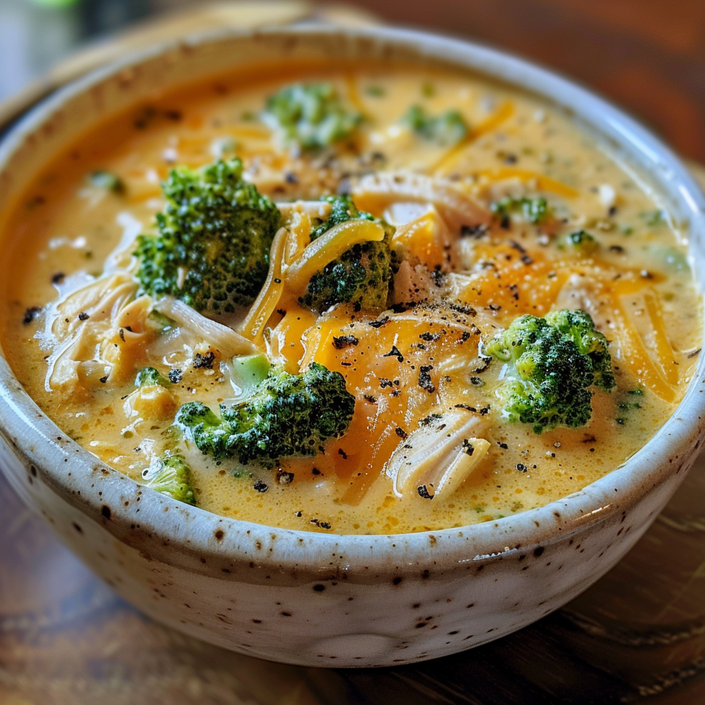 Chicken Broccoli Cheddar Soup in bowl with broccoli and cheese