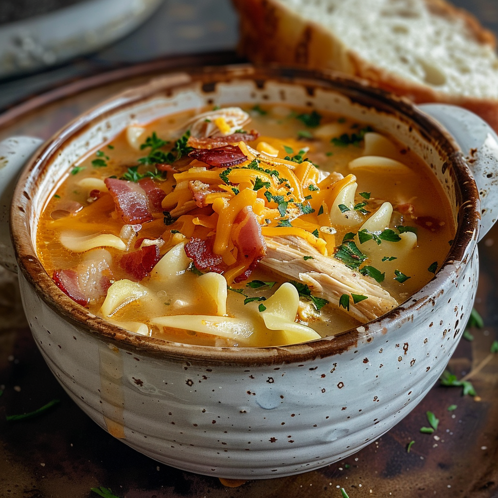 Crack Chicken Noodle Soup with bacon and cheddar in white bowl