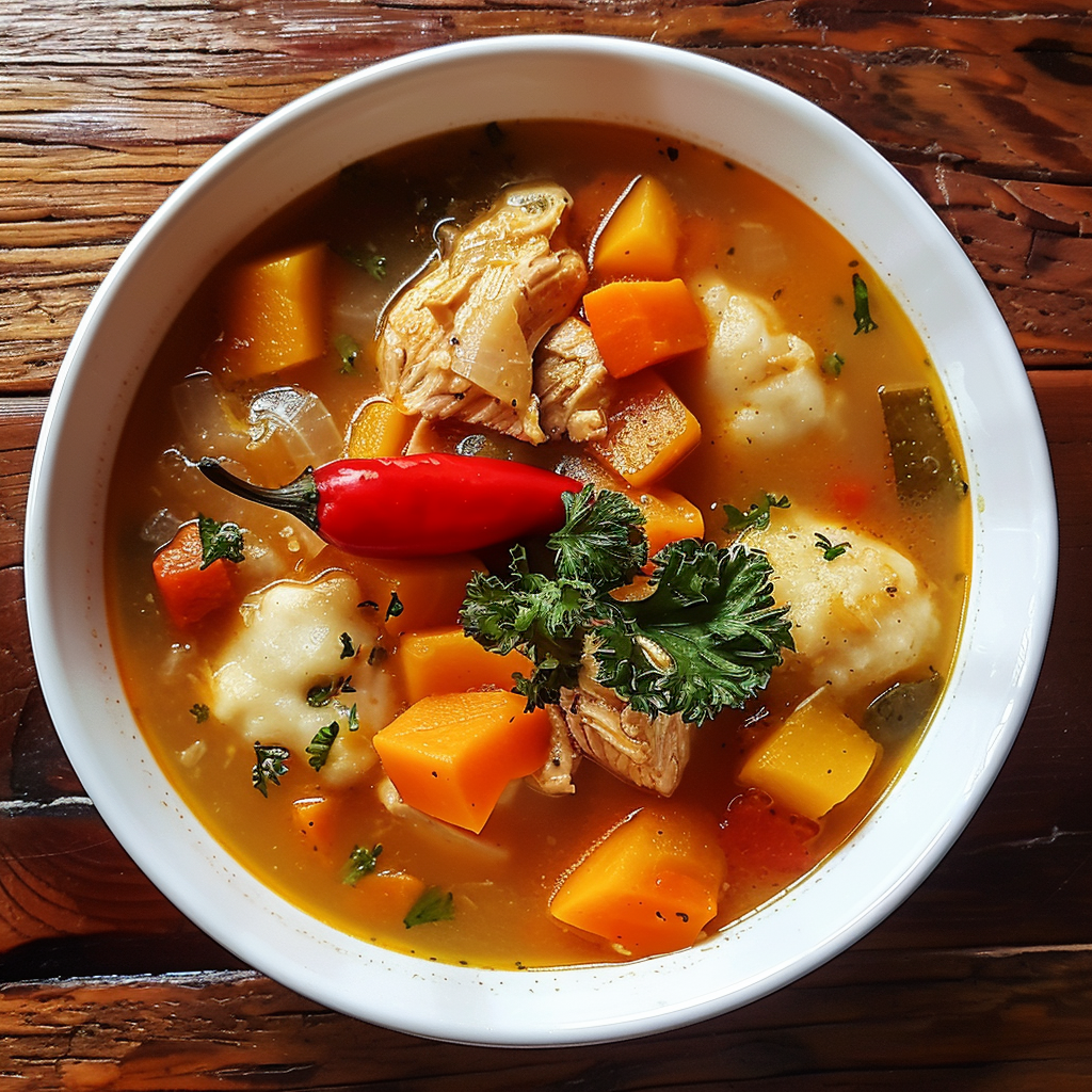 Jamaican Chicken Soup with chicken, pumpkin, and dumplings