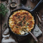 smoked mac and cheese in cast iron skillet