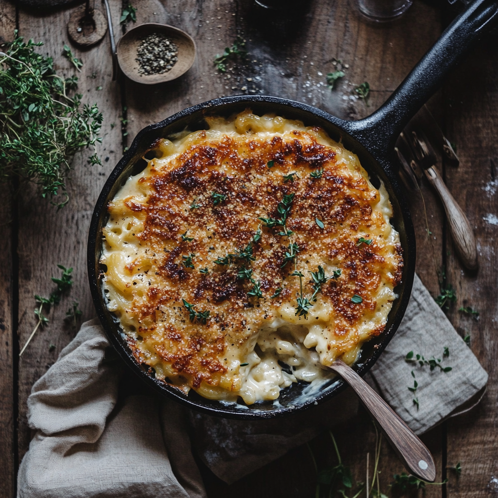 smoked mac and cheese in cast iron skillet