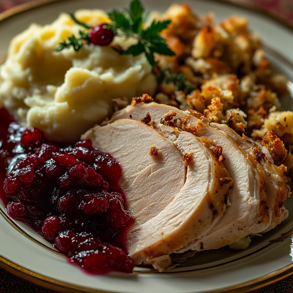 Holiday plate with smoked turkey breast and sides