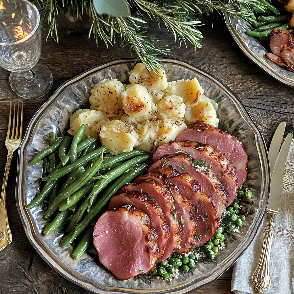 plated smoked ham slices with sides