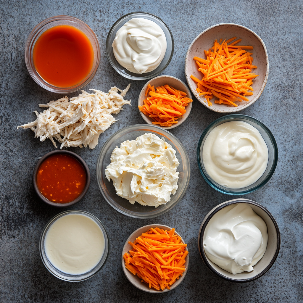 Ingredients for smoked buffalo chicken dip