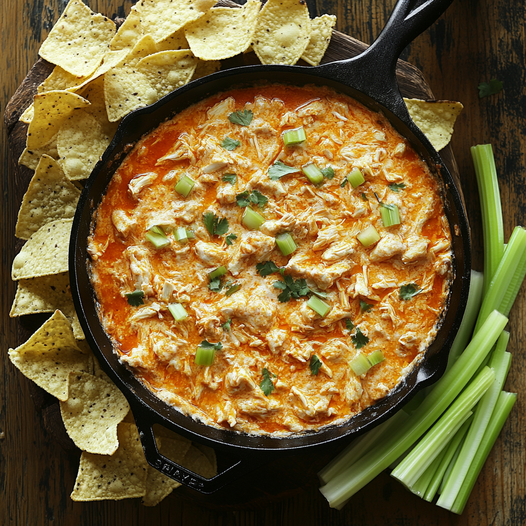 Smoked buffalo chicken dip in skillet