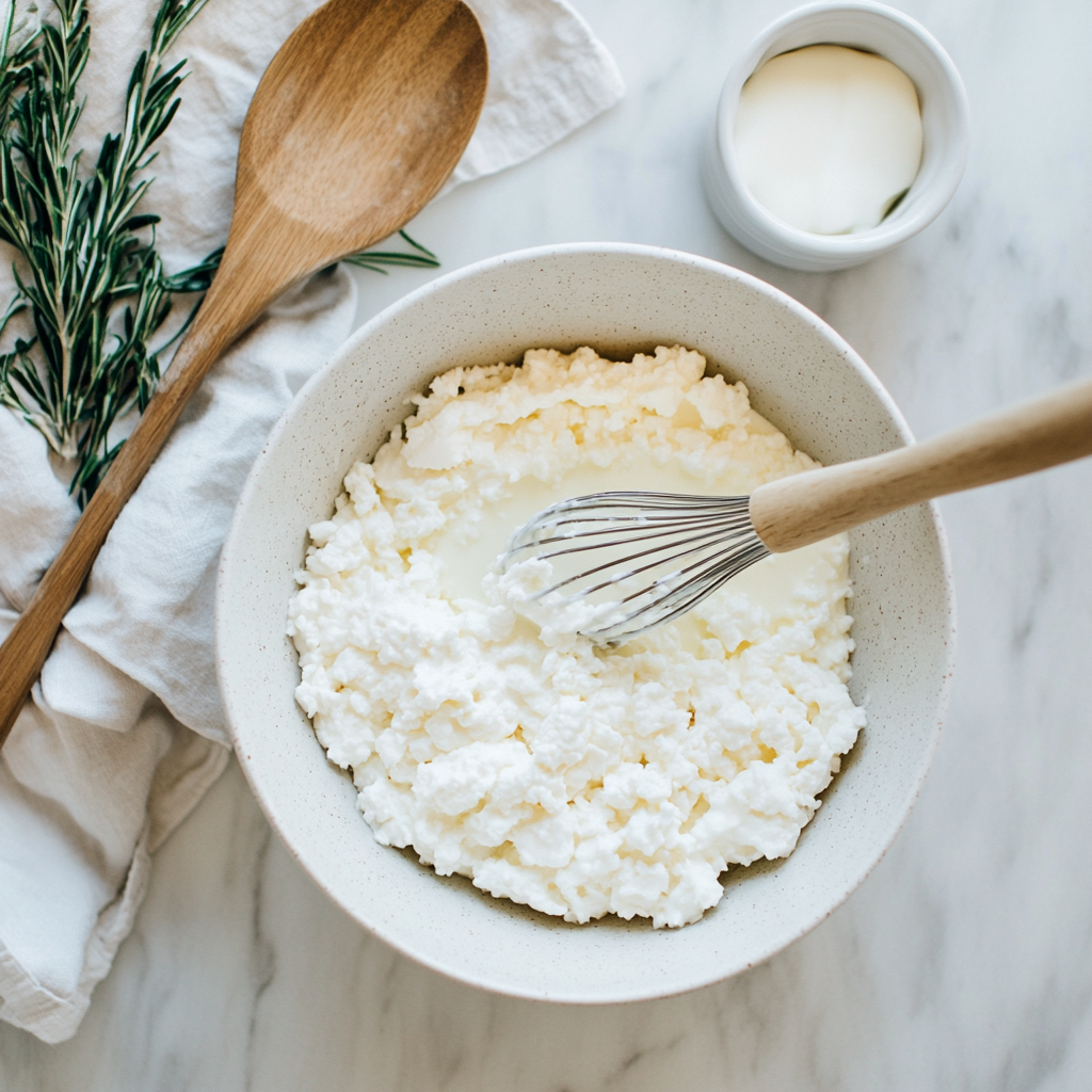 mixing cottage cheese and eggs