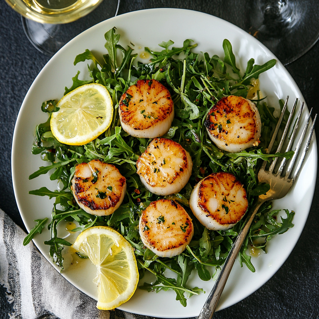 Smoked scallops on arugula with lemon