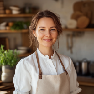 Friendly woman in her late 30s smiling in a modern home kitchen, wearing a light apron, standing beside fresh vegetables on a countertop, with soft natural lighting and a cozy background.