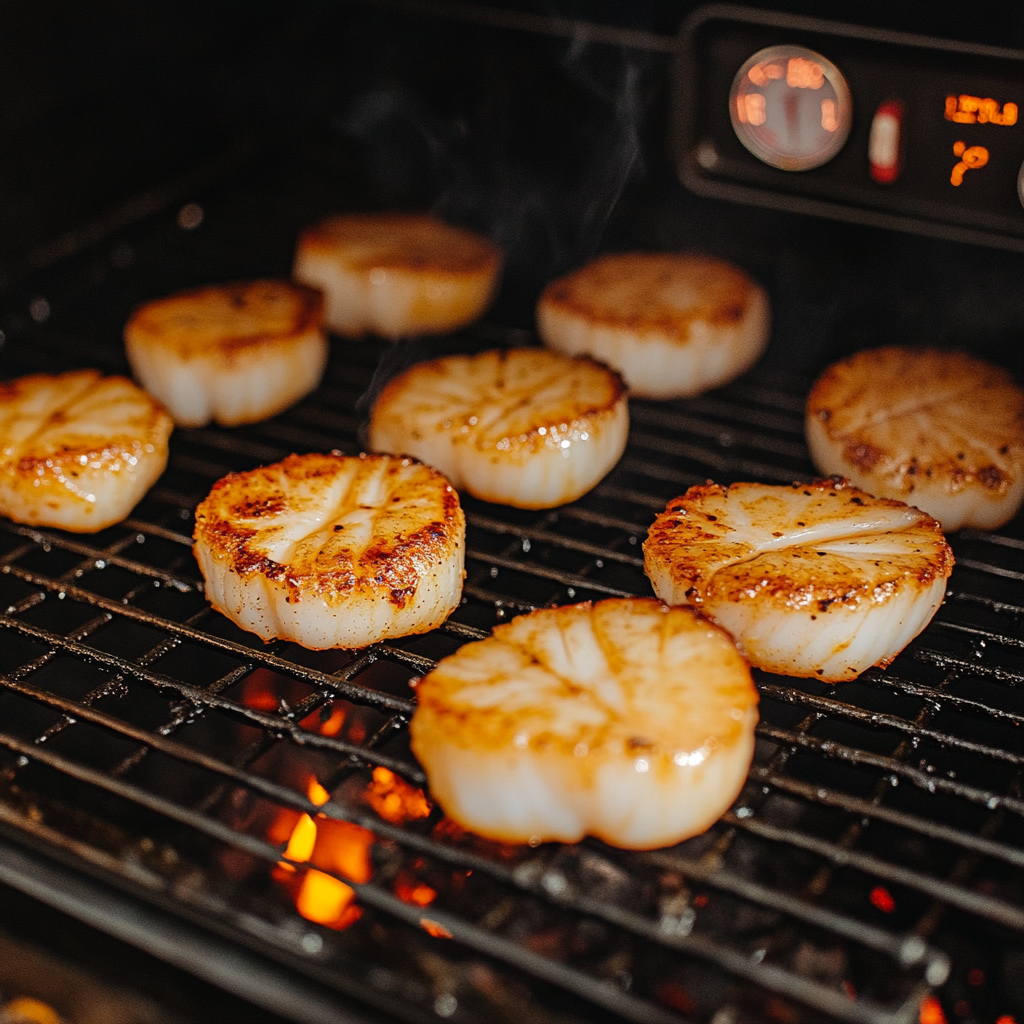 Scallops on rack inside smoker