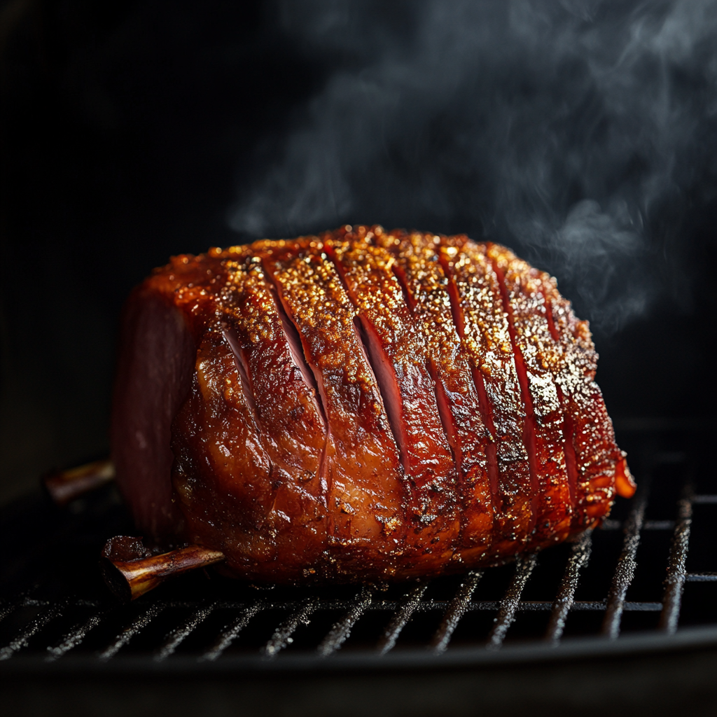 ham smoking in a pellet smoker