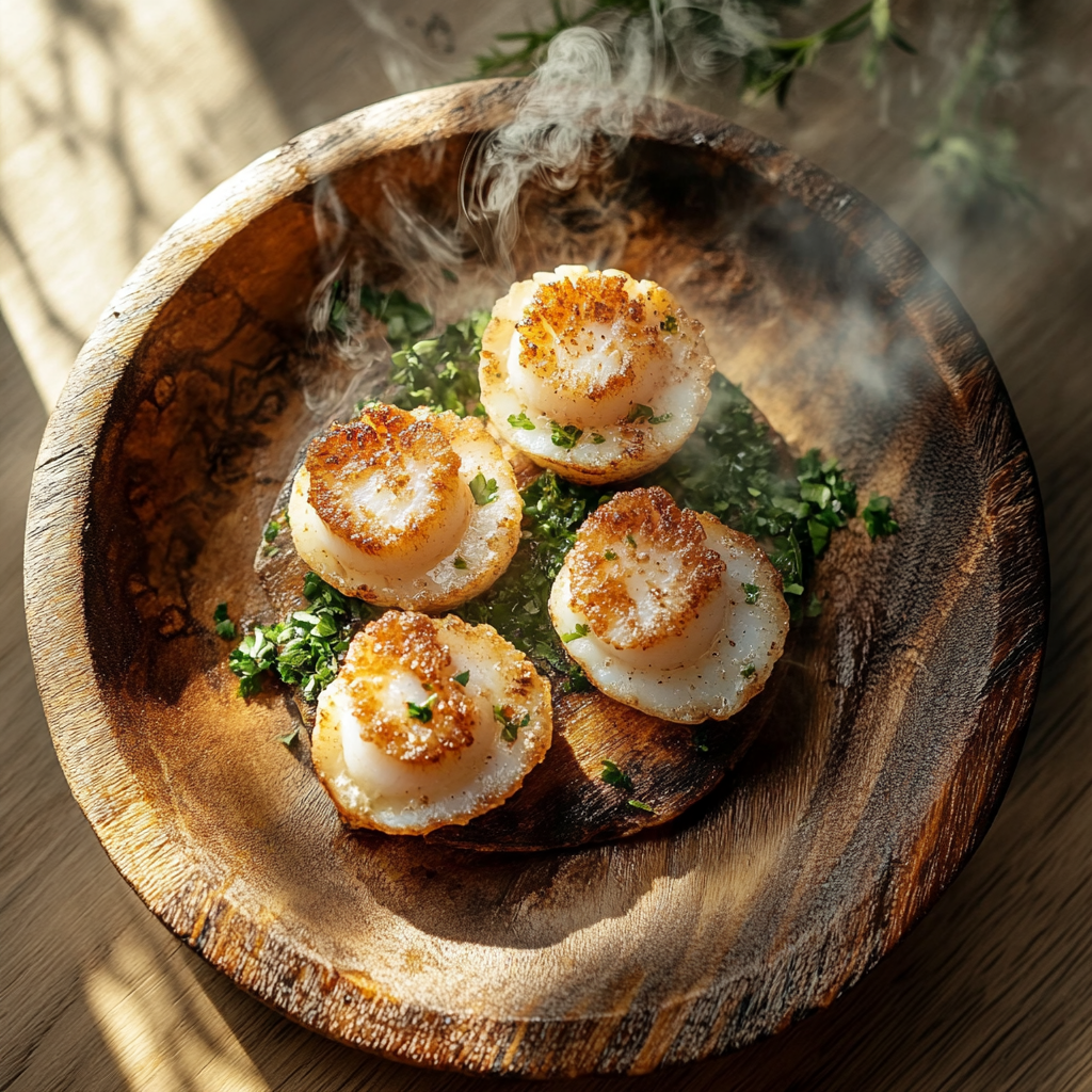 Smoked scallops with golden crust