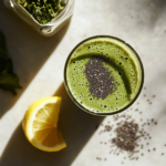Green smoothie made with chia seeds, lemon, and green tea on a minimalist kitchen counter – part of Natural Mounjaro Recipes.