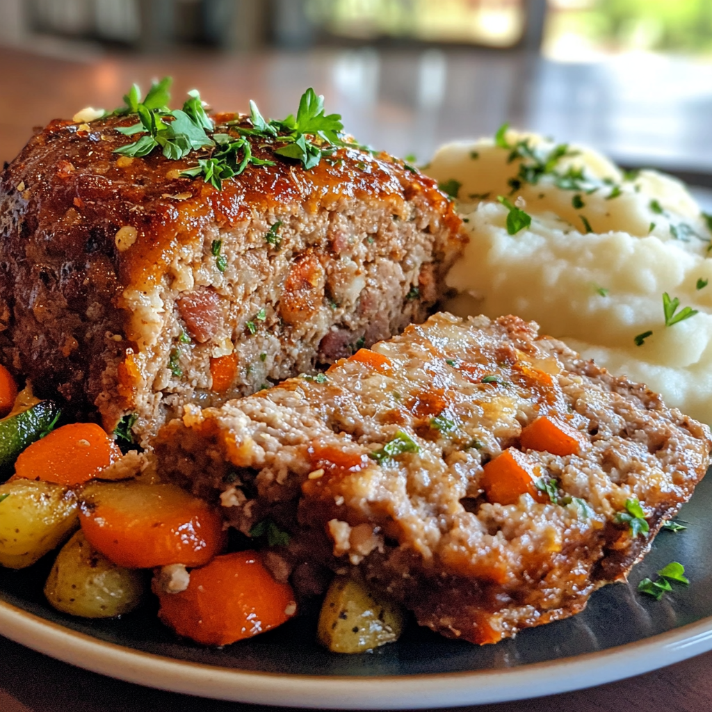 Garlic Parmesan Meatloaf with Mashed Potatoes and Roasted Vegetables