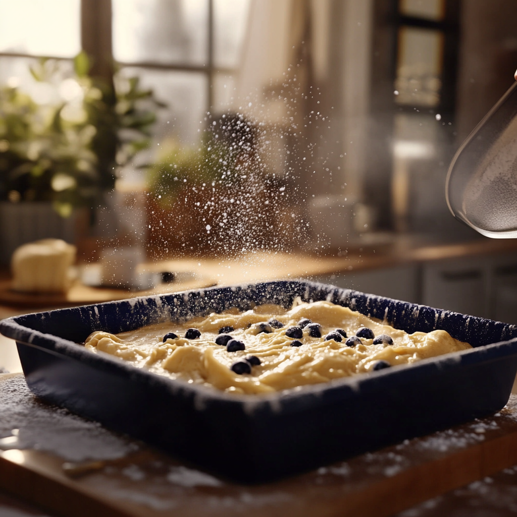 Spreading blueberry buttermilk cake batter into pan