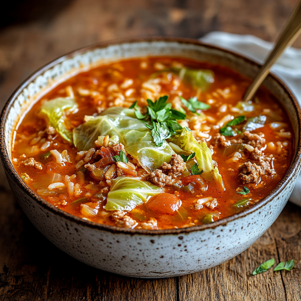 hearty cabbage roll soup in bowl