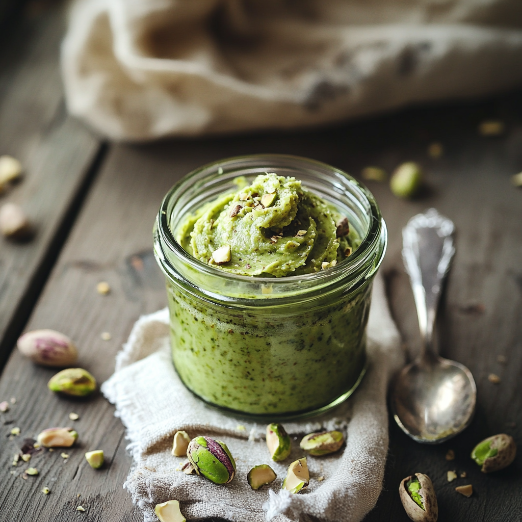 Homemade pistachio butter in a glass jar on rustic kitchen counter