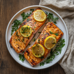 Air fryer salmon served with lemon and herbs on white plate