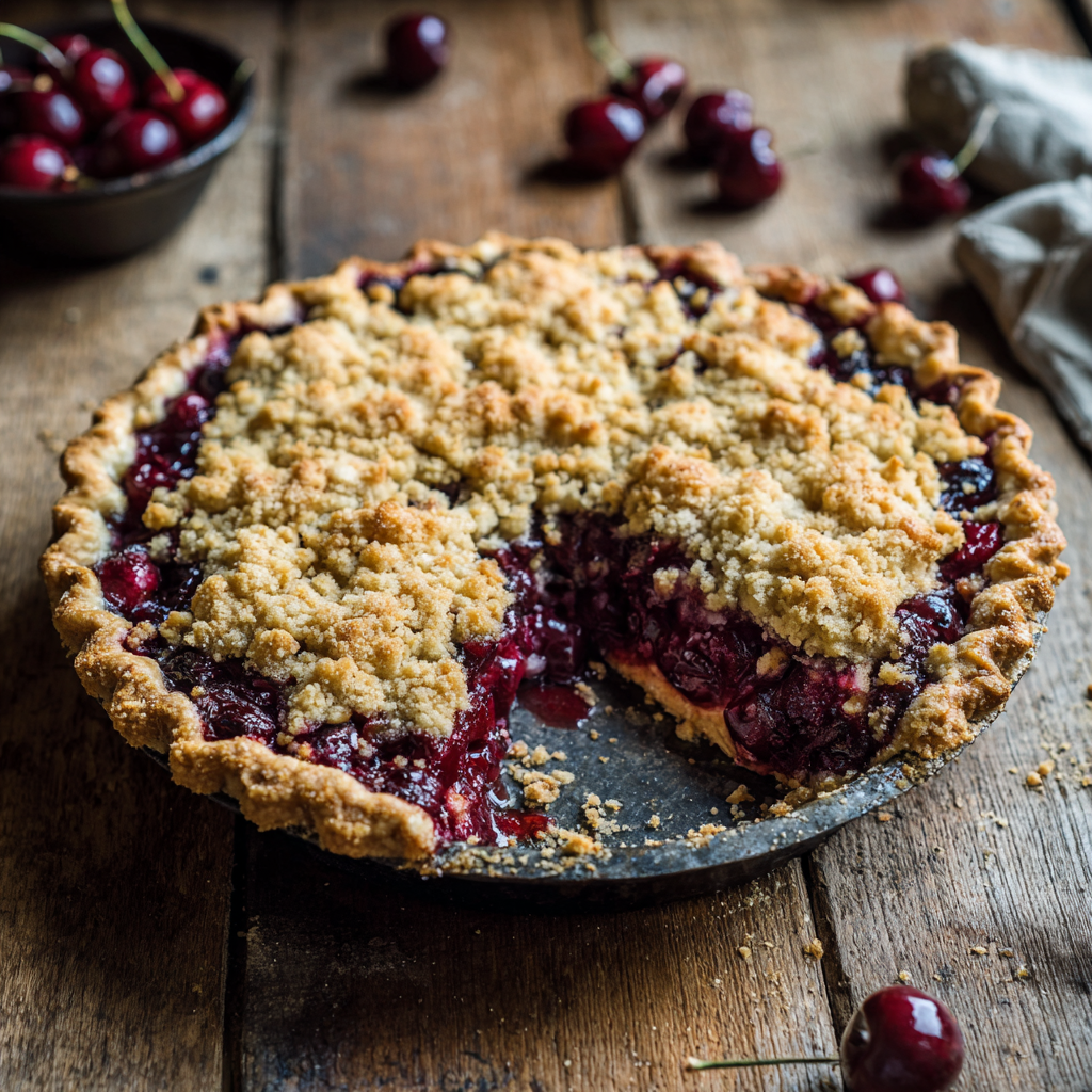 Cherry Crumb Pie with golden topping and juicy cherry filling