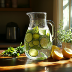 cucumber mint detox water in glass pitcher