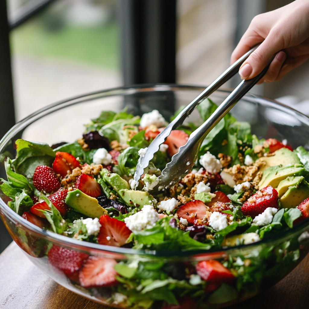 Tossing Strawberry Crunch Salad in a glass bowl
