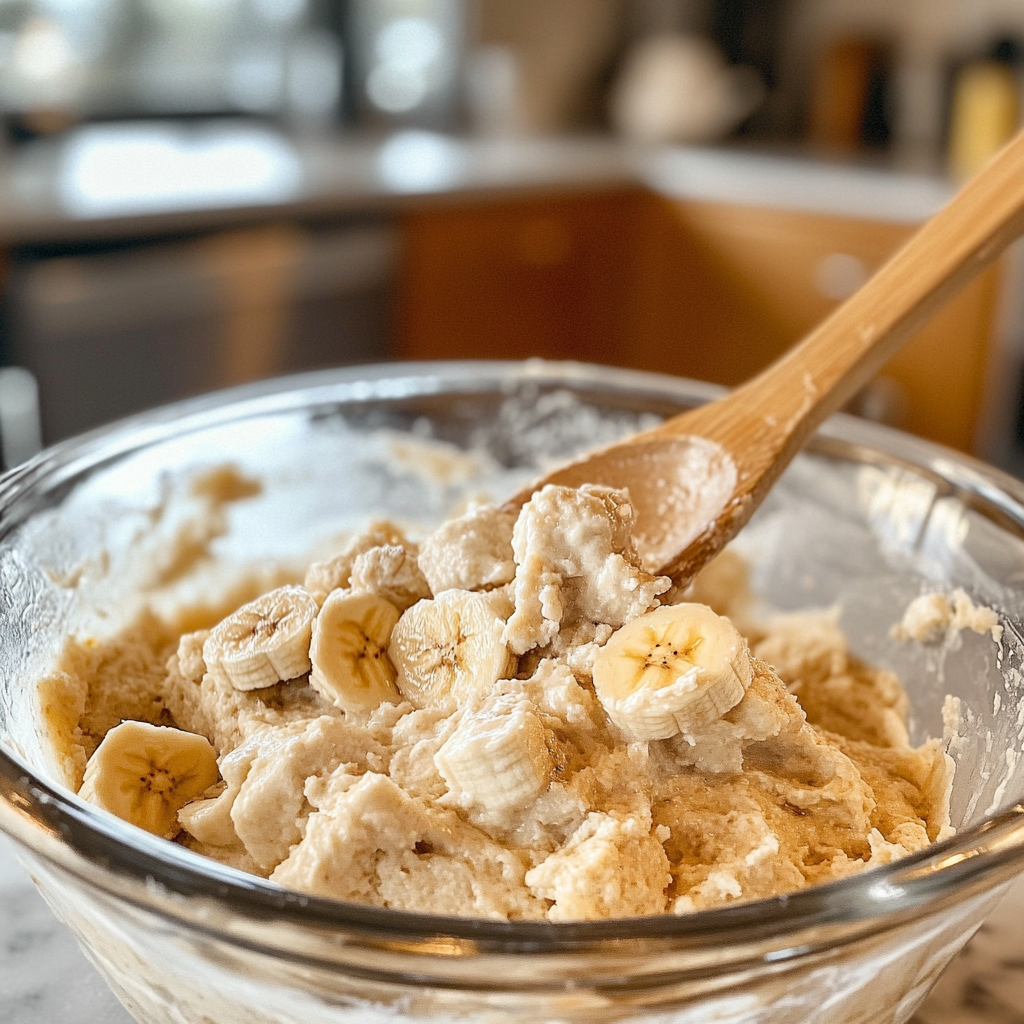Mixing batter for banana cottage cheese bread