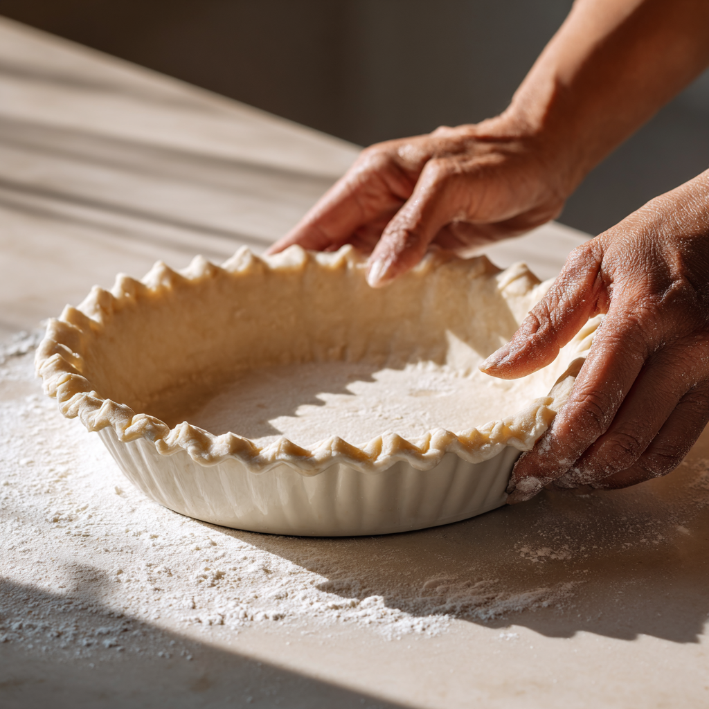 Hand crimping pie crust for cherry crumb pie in ceramic dish
