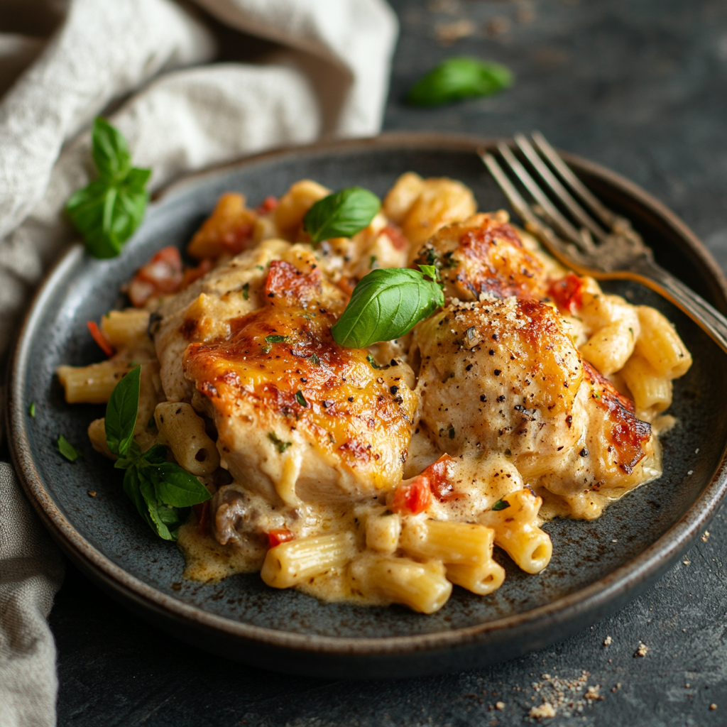 Plated Tuscan Chicken Bake with Macaroni