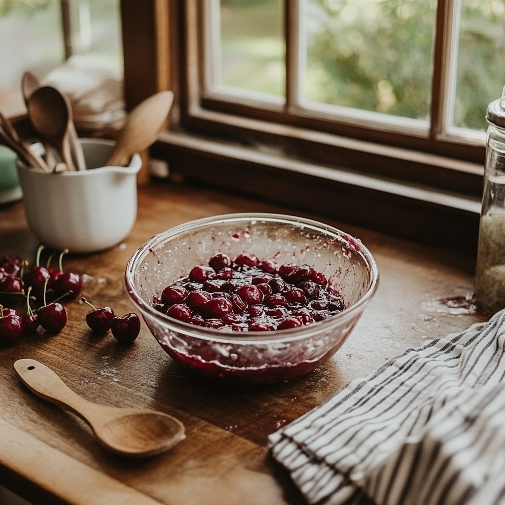 Cherry pie filling in a rustic kitchen