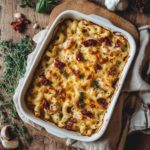 Tuscan Chicken Bake with Macaroni in white ceramic dish