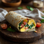 egg white tortilla wrap on rustic kitchen table