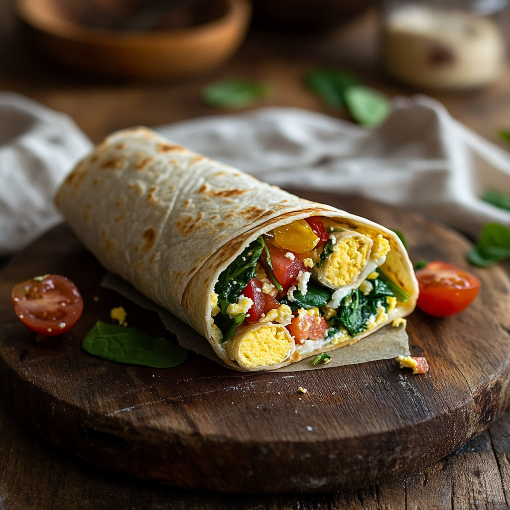 egg white tortilla wrap on rustic kitchen table