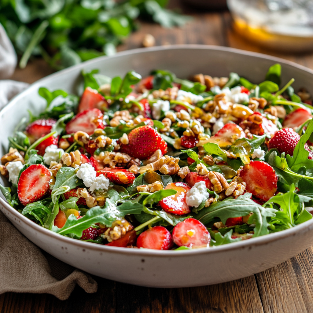 Strawberry Crunch Salad in a rustic bowl with champagne vinaigrette