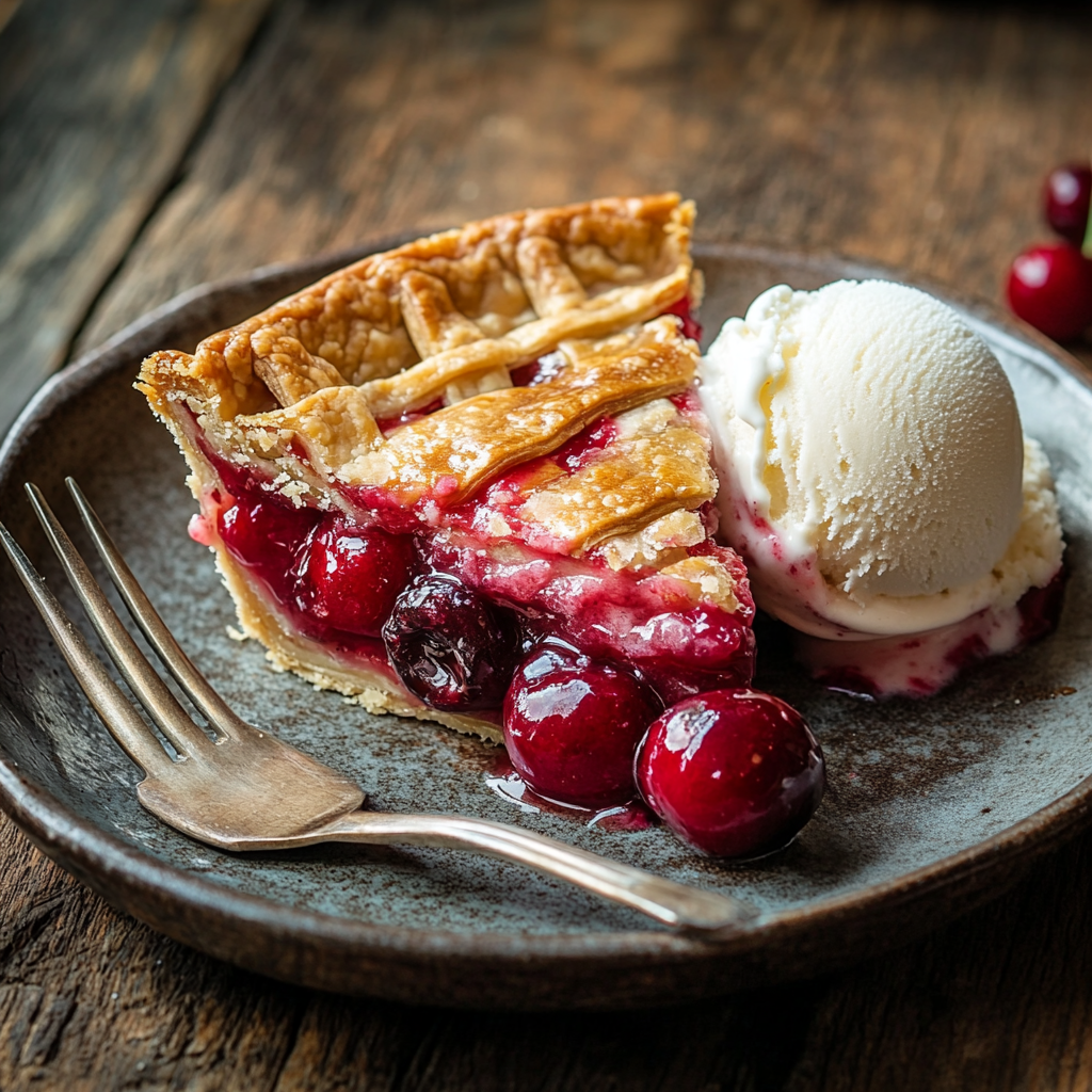 Cherry pie slice served with ice cream