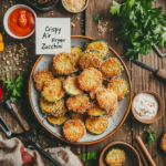 Crispy air fryer zucchini recipe card with plated zucchini rounds