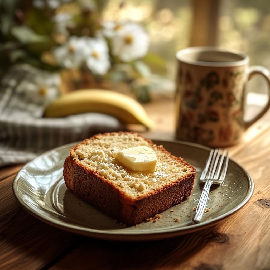 Serving a slice of banana cottage cheese bread with butter